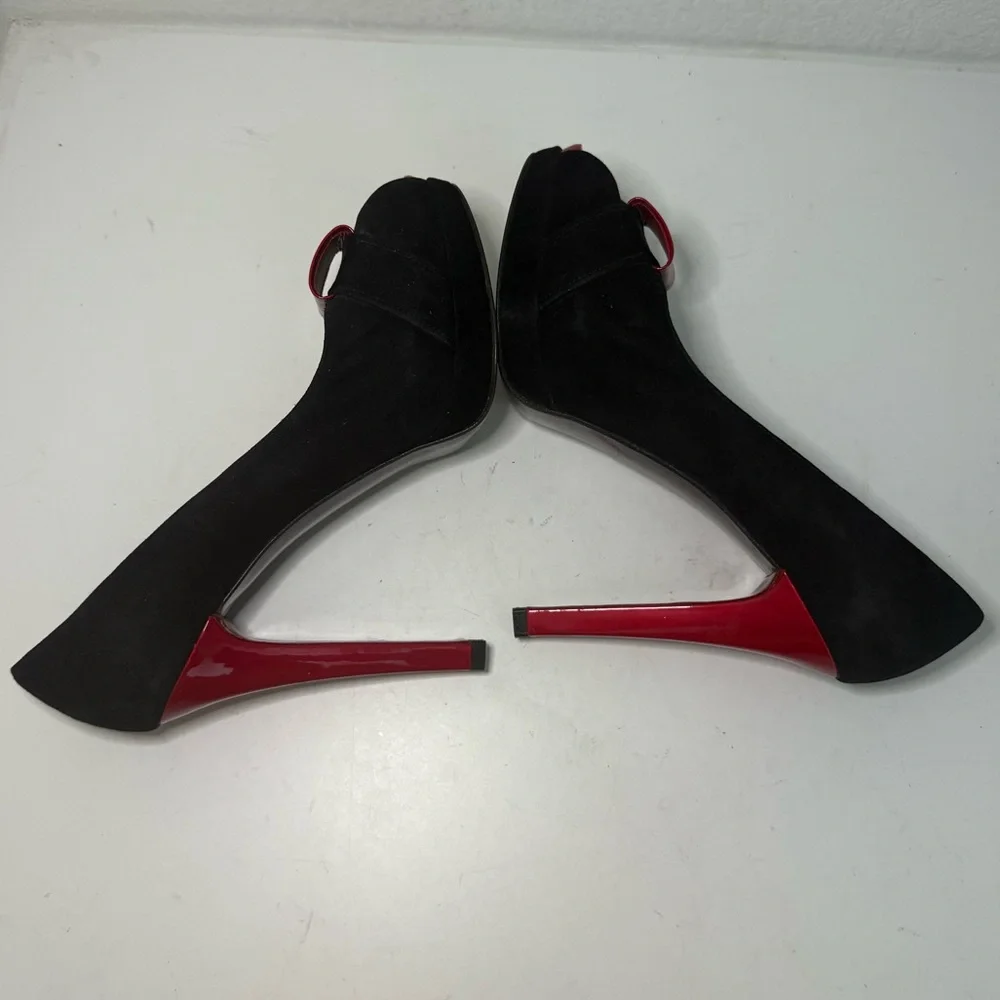 STUART WEITZMAN Puente Black Suede Red Leather Peep-Toe Platform Heels Size 9.5